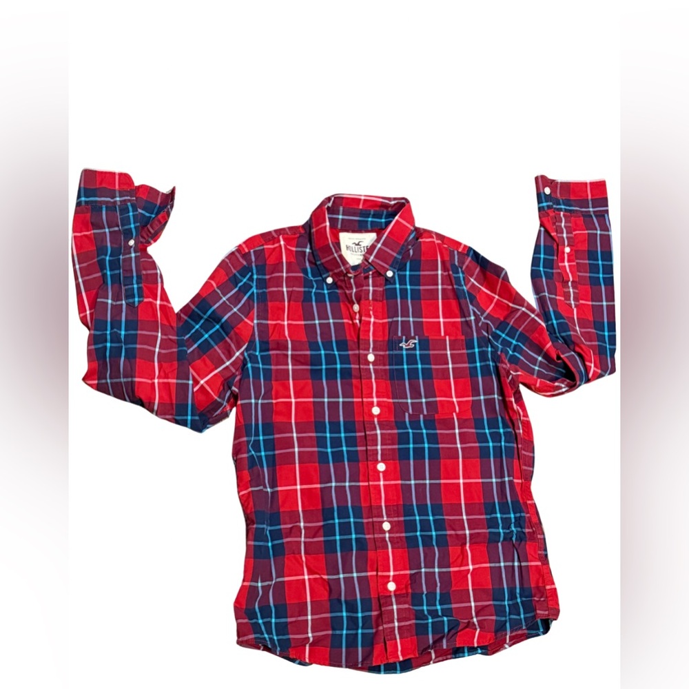 Hollister Plaid Button Down Shirt Red Blue‎ Men’s Medium 100% Cotton